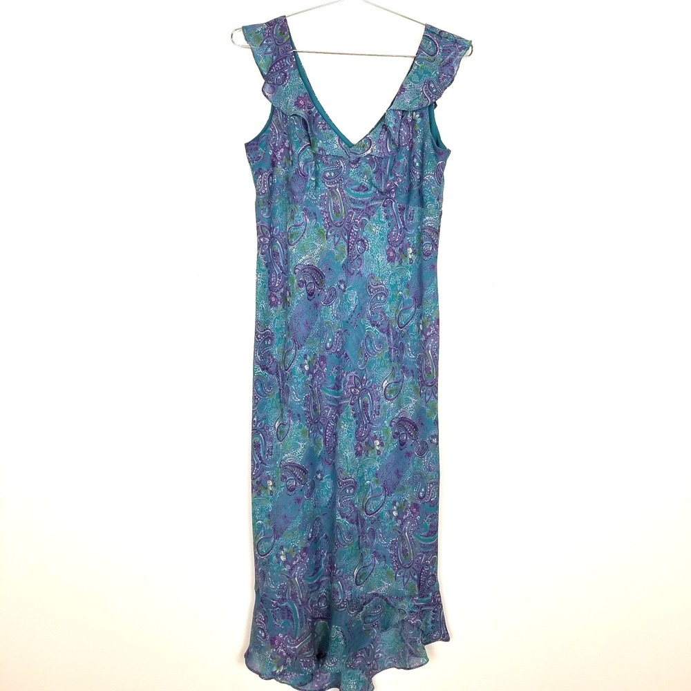 VTG Scarlett Womens  Flutter Sleeve Ruffled Midi Dress Sz M Blue Floral Y2K‎